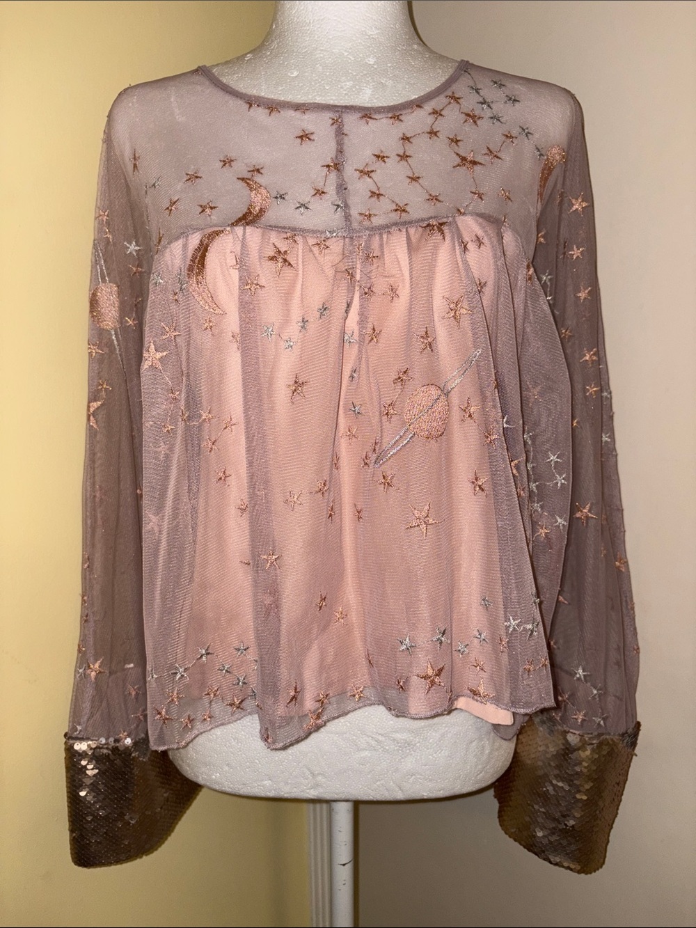 Sheer Pink Embroidered Celestial Blouse